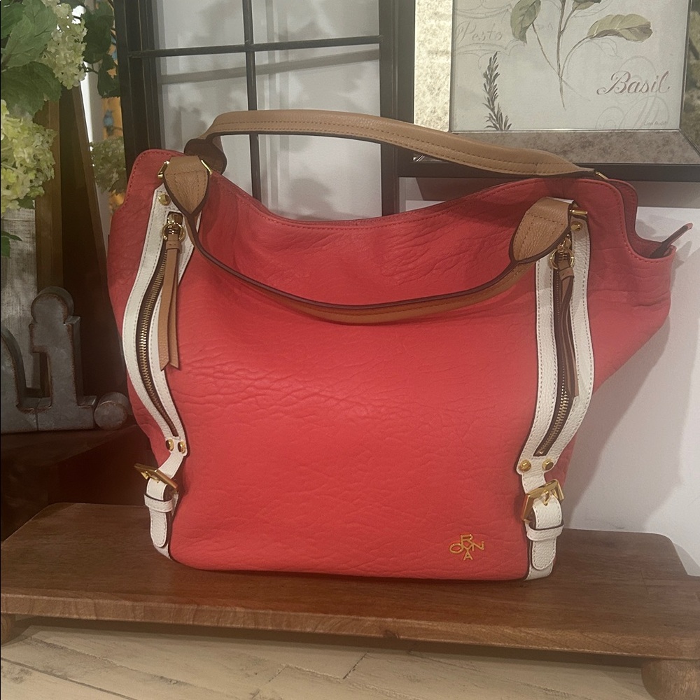 orYANY Red Textured Hobo Bag with Tan and White Accents